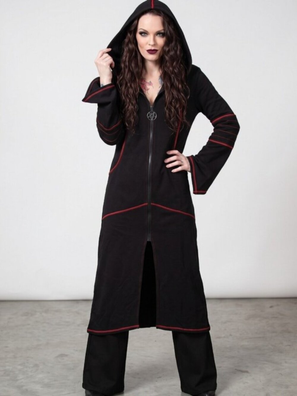Killstar Darkside Longline Hooded Jacket Black Crimson Stitch Coat NWT Sz L
